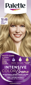 Opakowanie Palette Intensive Color Creme 12-46 Nude Light Blonde z modelką; długa intensywność, rozjaśnia do 5 odcieni.