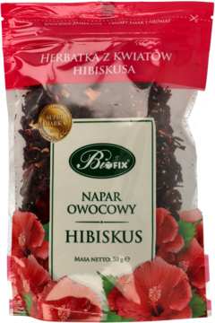 Front przezroczystej torebki Biofix Napar Owocowy Hibiskus z suszonymi kwiatami i grafiką hibiskusa.