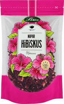 Napar owocowy HIBISKUS w różowo-przezroczystym opakowaniu z ilustracją kwiatów i widocznymi suszonymi płatkami.