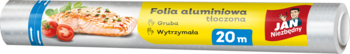 Aluminiowa folia Jan Niezbędny, gruba i wytrzymała, 20m. Widok rolki z żółtą etykietą i grafiką łososia.