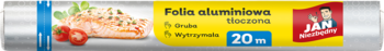 Srebrna rolka folii aluminiowej Jan Niezbędny 20m, żółta etykieta z łososiem i czerwonym logo, widok z przodu.