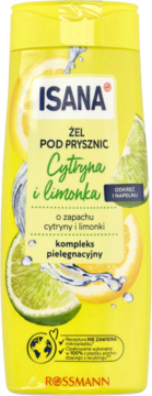 Isana Żel pod Prysznic Cytryna i Limonka, żółta butelka z grafiką świeżych cytrusów i kropel wody.
