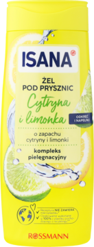 Isana Żel pod prysznic Cytryna i Limonka, żółta butelka, widok z przodu, z grafiką cytryn i limonek.