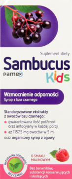 Sambucus Kids syrop na odporność o smaku malinowym. Białe opakowanie z fioletowymi detalami i owocami.
