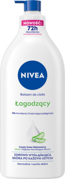 Biała butelka Nivea Łagodzący Balsam do ciała z niebieską pompką, 72h nawilżenia, z aloesem, widok z przodu.