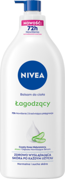 Biała butelka Nivea Łagodzący Balsam do ciała z niebieską pompką, 72h nawilżenia, z aloesem, widok z przodu.