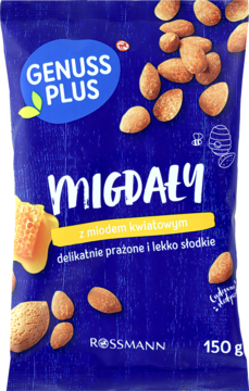 GENUSS PLUS ,migdały z miodem kwiatowym, delikatnie prażone i lekko słodkie,przód