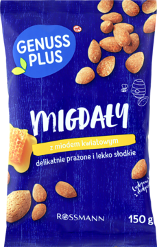 Genuss Plus Migdały w miodzie kwiatowym 150g w ciemnoniebieskiej torebce z prażonymi migdałami, widok z przodu.