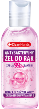 CleanHands antybakteryjny żel do rąk z kolagenem i witaminą E, różowa butelka, widok z przodu.