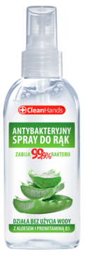 Clean Hands antybakteryjny spray do rąk z aloesem, zabija 99.9% bakterii, w przezroczystej butelce, przód.
