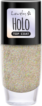Lovely HOLO TOP COAT, holograficzny lakier do paznokci z brokatem w szklanej butelce, widok z przodu.