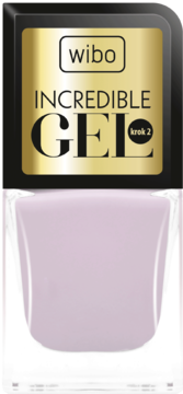 Jasnofioletowy lakier żelowy Wibo Incredible Gel krok 2, w przezroczystej butelce z czarną nakrętką, widok z przodu.