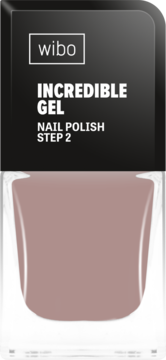 Wibo Incredible Gel Nail Polish Step 2, beżowo-różowy lakier do paznokci w butelce, widok z przodu.