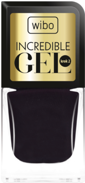 Ciemnofioletowy lakier Wibo Incredible GEL krok 2 w kwadratowej butelce z złotą etykietą, widok z przodu.