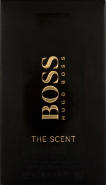 Czarne opakowanie Hugo Boss The Scent EDT dla mężczyzn, złote napisy na froncie, widok z przodu.