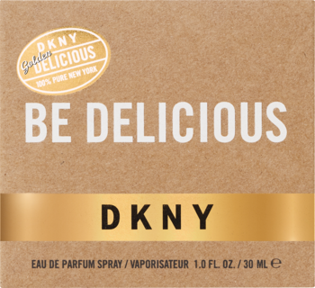 Opakowanie perfum DKNY Be Delicious Gold, brązowe z dużym białym napisem i złotą etykietą, widok z przodu.