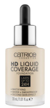 Matujący podkład Catrice HD Liquid Coverage, beżowy, w szklanej butelce z pipetą, trwałość do 24H.