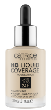 Matujący podkład Catrice HD Liquid Coverage, beżowy, w szklanej butelce z pipetą, trwałość do 24H.