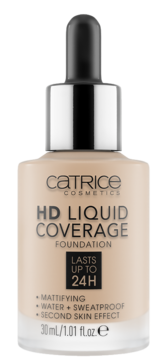 Catrice HD Liquid Coverage Foundation, light beige, in a glass bottle with a dropper, front view.