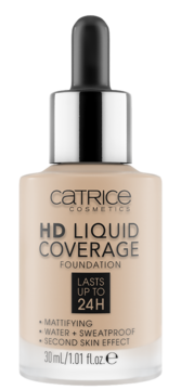 Catrice HD Liquid Coverage Foundation, light beige, in a glass bottle with a dropper, front view.
