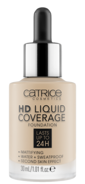 Matujący podkład do twarzy Catrice HD Liquid Coverage 24h w szklanej butelce z zakraplaczem, widok z przodu.