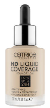 Matujący podkład do twarzy Catrice HD Liquid Coverage 24h w szklanej butelce z zakraplaczem, widok z przodu.