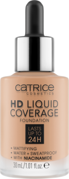 Beżowy podkład Catrice HD Liquid Coverage, matujący, wodoodporny, z niacynamidem, 24h, widok z przodu.