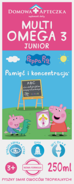 Domowa Apteczka Multi Omega 3 Junior Peppa Pig, różowo-niebieskie opakowanie, wspiera pamięć i koncentrację, 250ml.