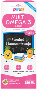 Multi Omega 3 Junior suplement dla dzieci, pamięć i koncentracja, biało-różowe opakowanie, widok z przodu, smak tropikalny.
