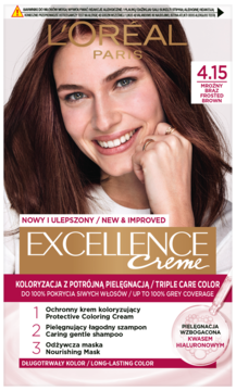 L'Oréal Excellence Crème farba do włosów, 4.15 Mroźny Brąz, z potrójną pielęgnacją, na białym tle.