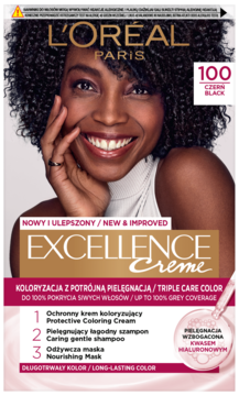 Front opakowania L'Oréal Excellence Crème 100 Czarny z modelką, podkreślające potrójną pielęgnację i pokrycie siwych włosów.