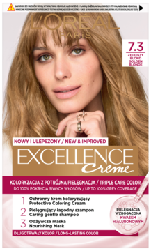 Pudełko L'Oréal Excellence Crème 7.3 Złocisty Blond z portretem kobiety, widok z przodu, potrójna pielęgnacja.