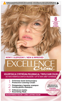 Nowe opakowanie farby L’Oréal Excellence Crème 8 Jasny Blond, potrójna pielęgnacja, widok z przodu.