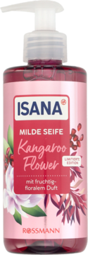 ISANA Milde Seife Kangaroo Flower w różowej butelce z pompką, widok z przodu, z zapachem owocowo-kwiatowym.