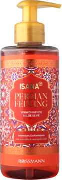 Mydło do rąk Isana Persian Feeling, czerwona butelka z złotą pompką, etykieta z perskim wzorem, widok z przodu.