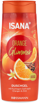 Pomarańczowy żel pod prysznic Isana Orange Glimmer, edycja limitowana z pomarańczą i cynamonem, widok z przodu.