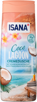 ISANA Coco Lagoon Cremedusche, kremowy żel pod prysznic kokos-frangipani, butelka z tropikalną plażą, palmami i morzem.