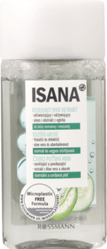 Przezroczysta butelka toniku ISANA z aloesem i ogórkiem, Microplastic Free Formula, widok z przodu.