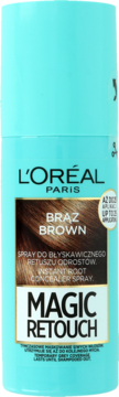 L'Oréal Magic Retouch brązowy spray do retuszu odrostów, turkusowa puszka, widok z przodu.