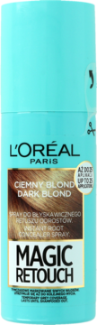 Jasnoniebieski spray L'Oréal Magic Retouch Dark Blond do retuszu odrostów, widok z przodu opakowania.