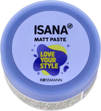 ISANA Matt Paste, krem matujący do włosów, w fioletowym słoiczku z napisem LOVE YOUR STYLE, widok z góry.