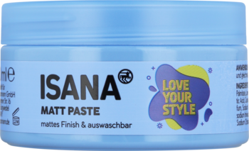 Jasnoniebieskie okrągłe opakowanie ISANA MATT PASTE do włosów z napisem LOVE YOUR STYLE, widok z przodu.