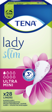 Front opakowania wkładek Tena Lady Slim Ultra Mini x28, biało-zielone z różowym kwiatem i "3x Protection".