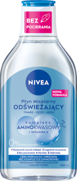 NIVEA odświeżający płyn micelarny 400 ml z aminokwasami do cery normalnej, w klarownej butelce, widok.