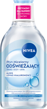 Nivea Płyn Micelarny Odświeżający 400ml, aloes, kwas hialuronowy, do cery normalnej, widok z przodu.