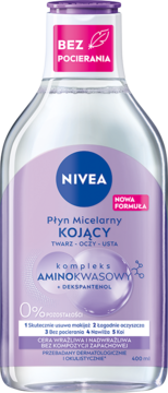 NIVEA Kojący Płyn Micelarny 400ml do skóry wrażliwej, przezroczysta butelka z fioletową nakrętką, widok z przodu.
