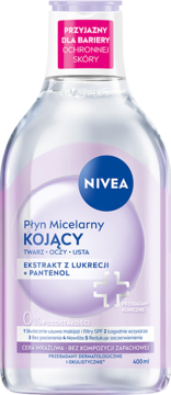NIVEA Kojący płyn micelarny 400ml z lukrecją do cery wrażliwej. Przezroczysta butelka, widok z przodu.