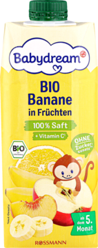 Żółty karton Babydream BIO soku wieloowocowego bananowego 100% z witaminą C, bez cukru, od 5. miesiąca, widok z przodu.