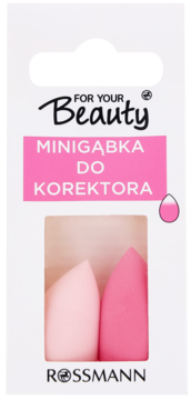 For Your Beauty mini gąbki do korektora Rossmann, dwie antybakteryjne, różowe gąbeczki widoczne przez okno.