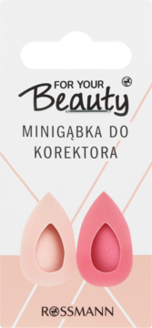 Opakowanie z dwiema mini gąbeczkami do korektora For Your Beauty: beżową i różową, kształt kropli.